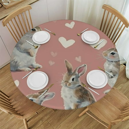 

Kawaii Bunny Rabbit Pink Fitted Round Table Cover with Elastic Protector Table Kitchen Dinner Waterproof Oil-Proof Tablecloth