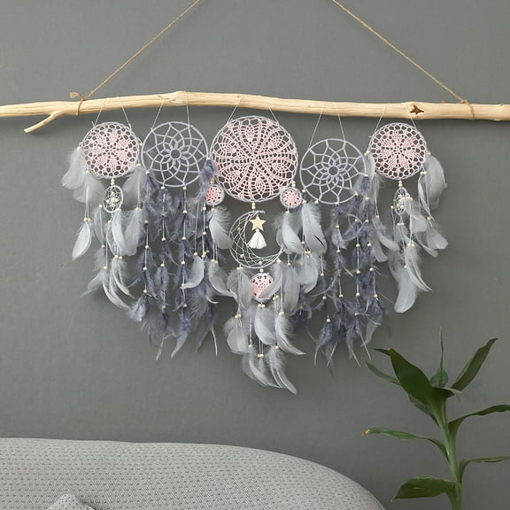 QKW 5-Piece Large-sized dreamcatcher set Bohemian Wall Decoration,Hanging decorations in the living room and bedroom,Pinkish grey，29.5*39.3 Inches