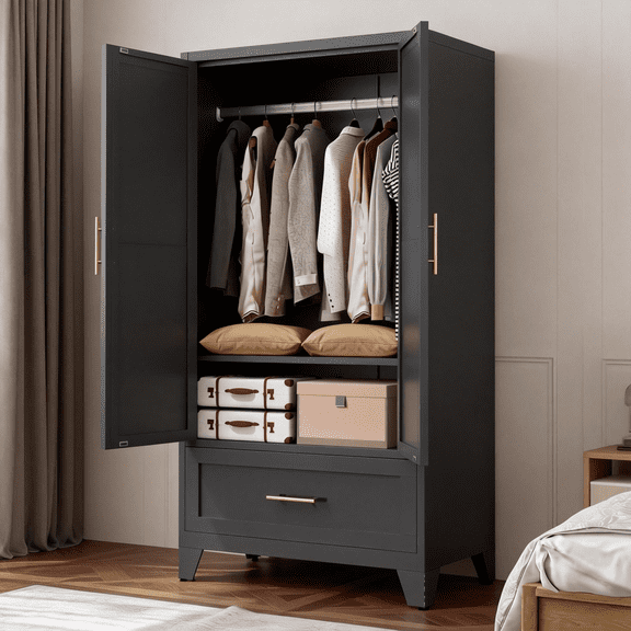 Leumius 60" Tall Metal Wardrobe Closet,Modern Armoire Wardrobe Cabinet 1 Drawers and Hanging Rod,Clothes Storage Organizer Cabinets with Double Doors for Bedroom,Office,Living Room-Black