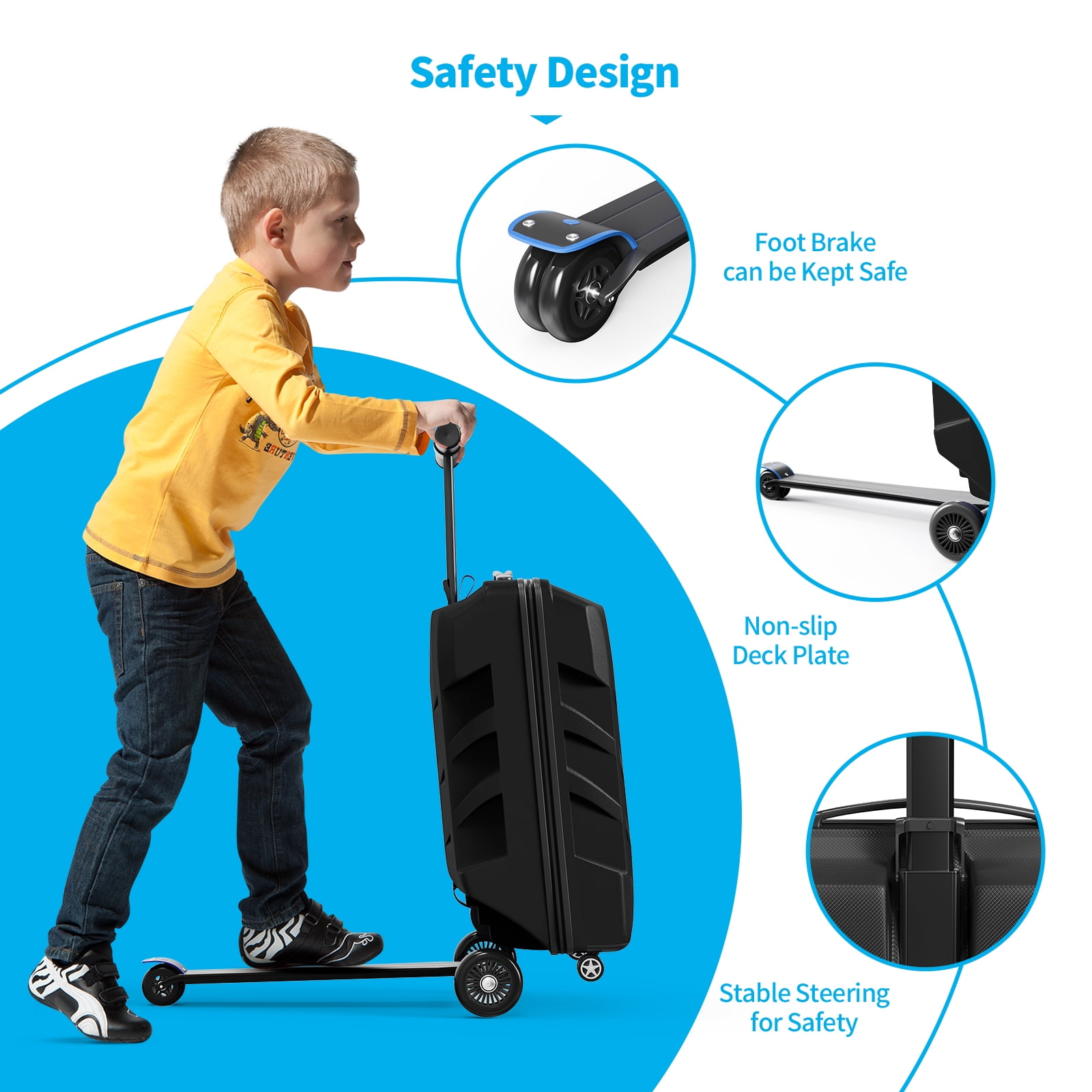 TABU Scooter Luggage for Kids & Adults, Ride on Suitcase with Wheels for Kids Ages 6-15,Black