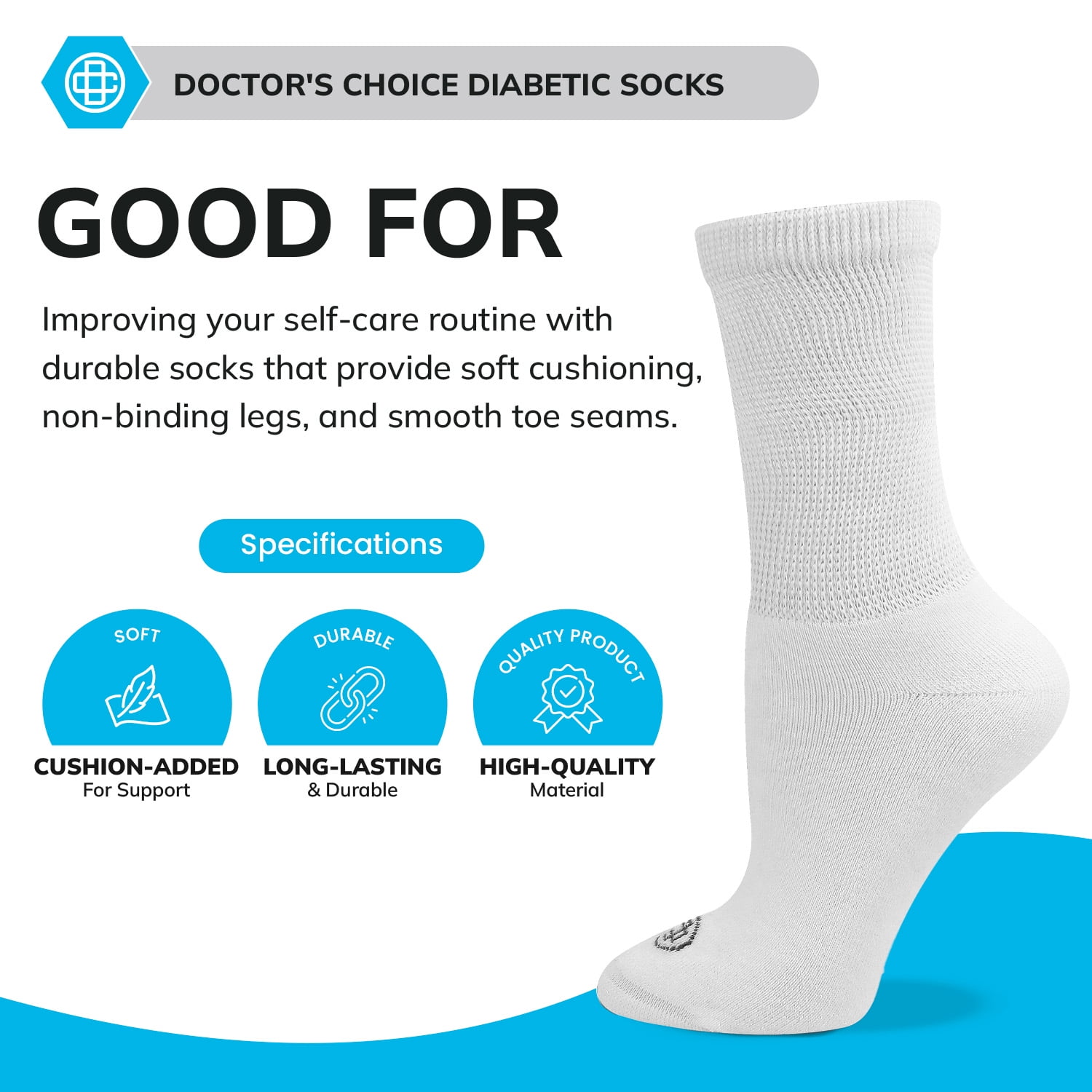 Doctor's Choice Diabetic Full Cushion Crew Women's Socks, Large, Women's Shoe Size 10-13, 4 Pack