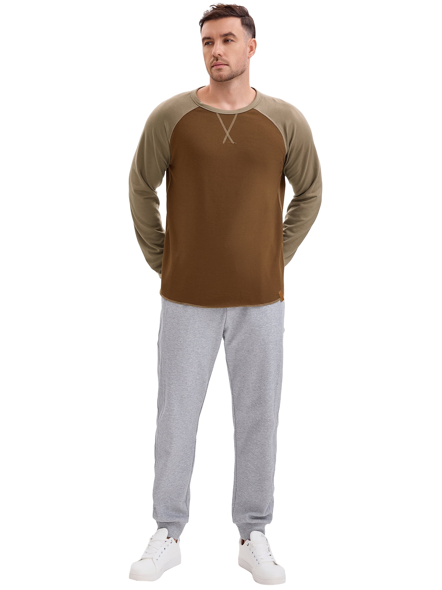 DARING DIVA Men's Long Sleeve Color Block Casual Raglan T-Shirt 2XL Brown Khaki
