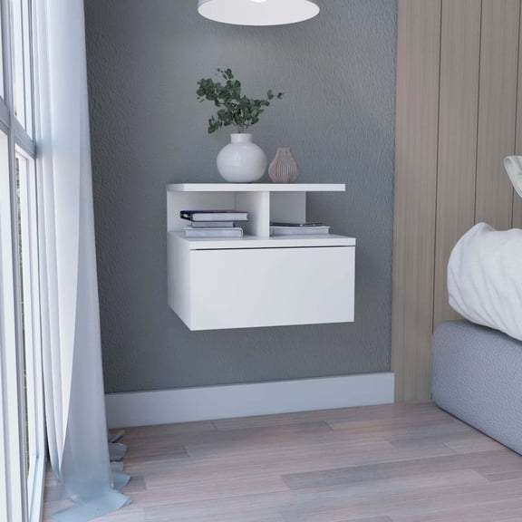Floating Nightstand 12"H, Wall Mounted With Single Drawer And 2-Tier Shelf, White