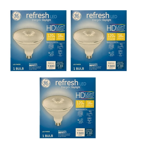 (3 bulbs) GE 36913 refresh LED Par38, Dimmable, 120 watt equivalent, Energetic Daylight LED Flood light