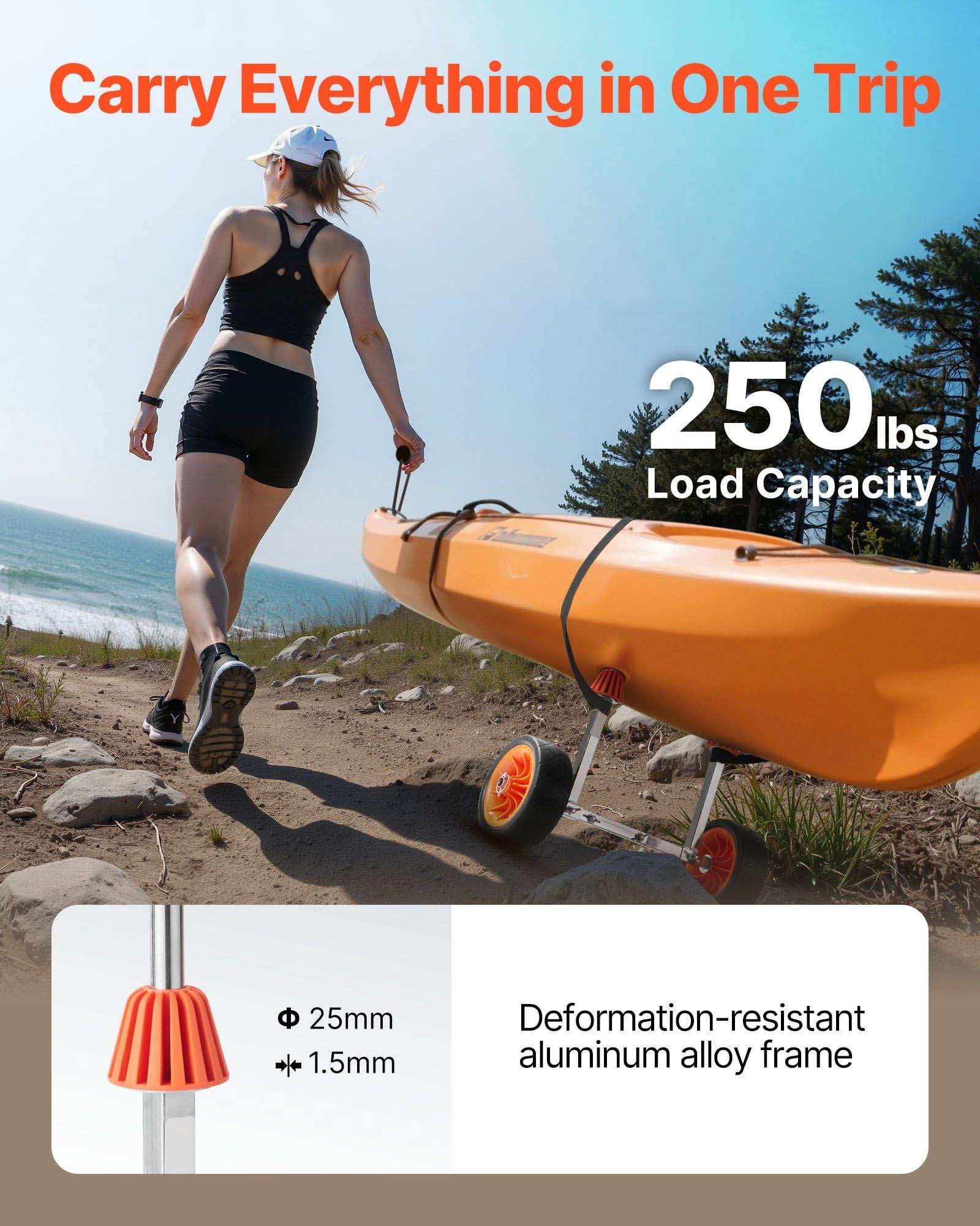 Kayak Cart Dolly - 250lbs Capacity, Canoe & Paddle Board Trolley - 7.5in Solid Tires, Kickstand, Folding & Portable - Kayak Transport Cart
