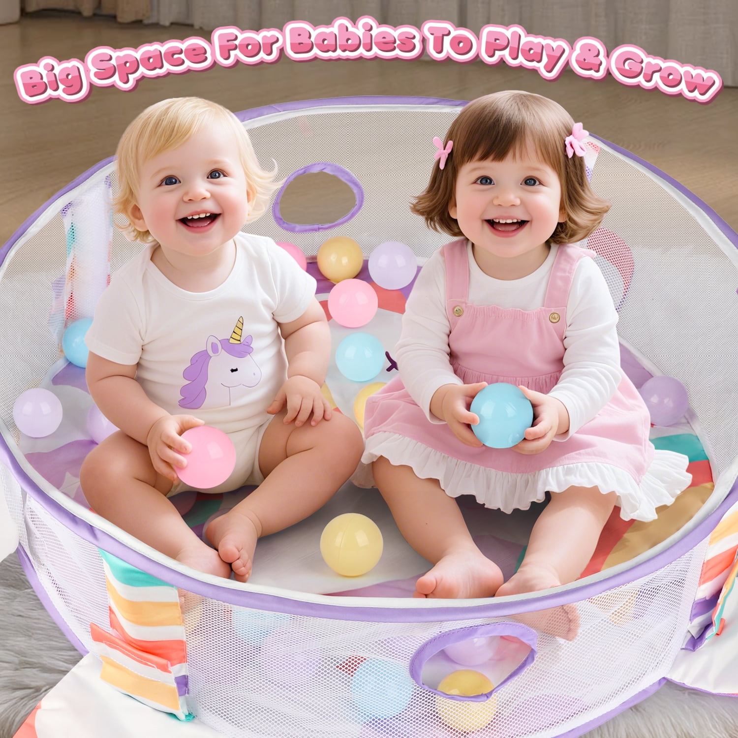 Beefunni Baby Play Mat, 4-in-1 Unicorn Tummy Time Mat & Ball Pit, Baby Activity Play Mat, Gym & Sensory Toys, 0-12 Months