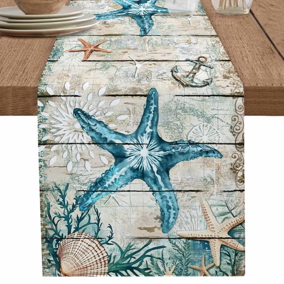 nqOlkjepod Teal Starfish Coastal Table Runner 36 Inches Long Farmhouse Dress Scarves, Summer Beach Nautical Retro Dining Tablerunner for Coffee Table/Kitchen Island/Party Décor, Small 13" x 36"