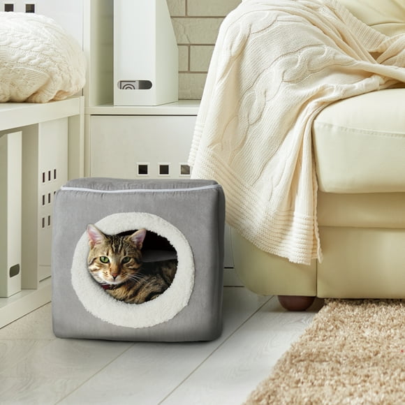 Cat Pet Bed, Cave- Soft Indoor Enclosed Covered Cavern/House for Cats, Kittens, and Small Pets with Removable Cushion Pad by PETMAKER (Grey)