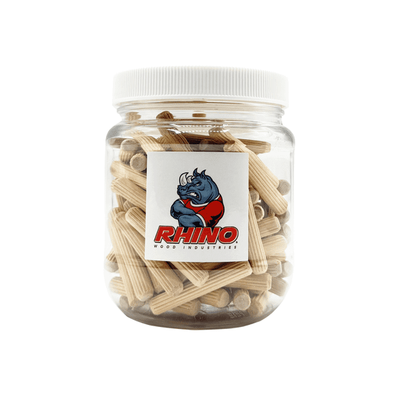 Rhino Wood Industries - 1/4" x 1 1/2" - 100 Pack Wooden Dowel Pins in Plastic Jar - Kiln Dried, Fluted, and Beveled