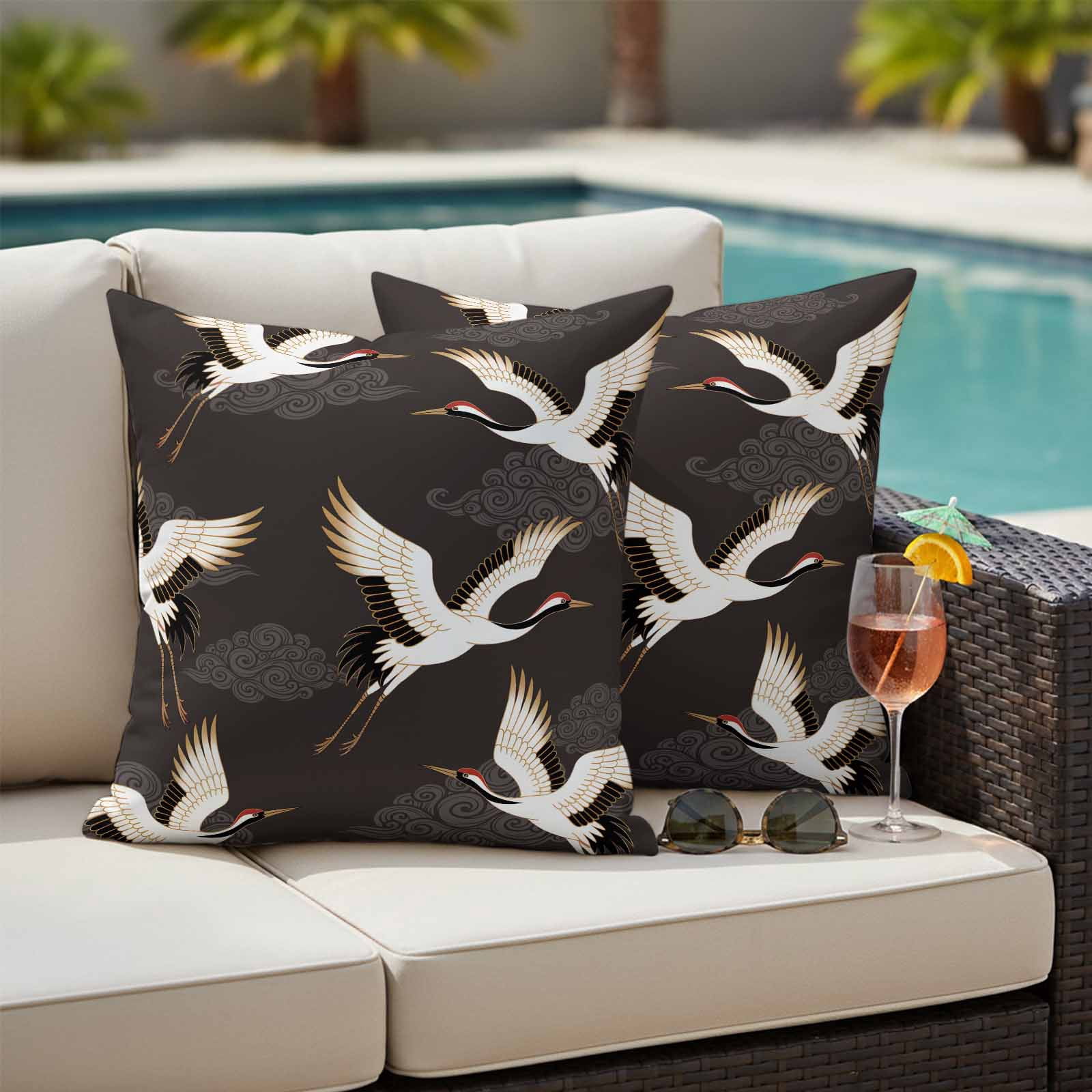 White Crane Outdoor Waterproof Throw Pillow Covers 16x16 Set of 2, Vintage Chinese Auspicious Cloud Art Brown Decorative Pillowcases Cushion Pillowcase for Couch Sofa Patio Outside Pillow Protector