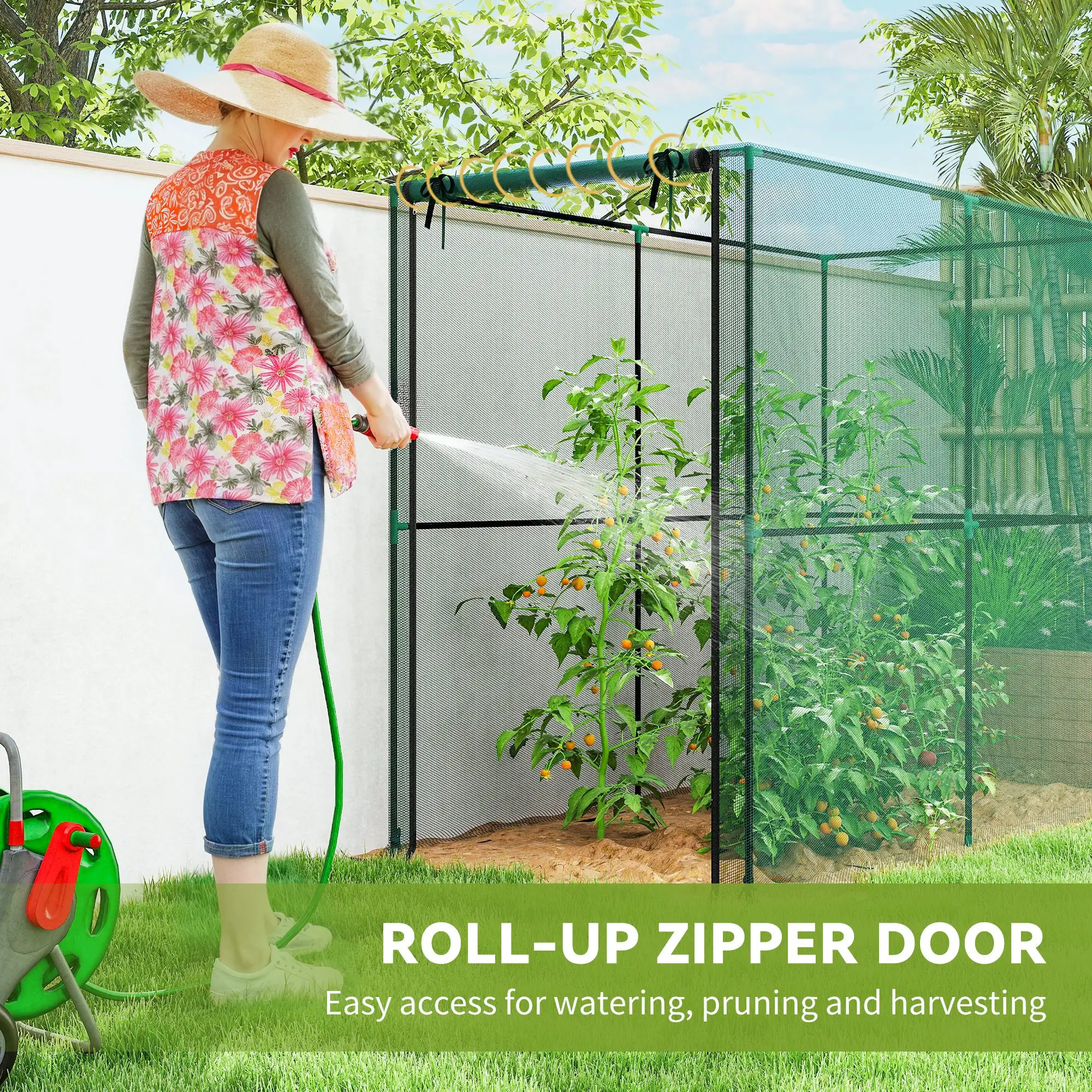 Plant Protector Cage with HDPE Mesh Cover & Roll-Up Zippered Door, U-Shaped Stakes for Stability, Crop Tent for Raised Beds Allotments