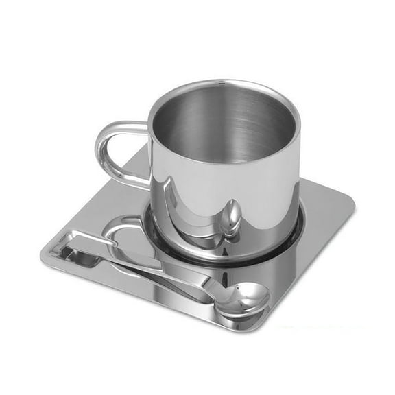 Stainless Steel Coffee Tea Cup With Saucer Spoon Double Wall Hot Cold Drinks Thermal Mugs Latte Cappuccino Milk Cup 175ml / 6.8 Oz