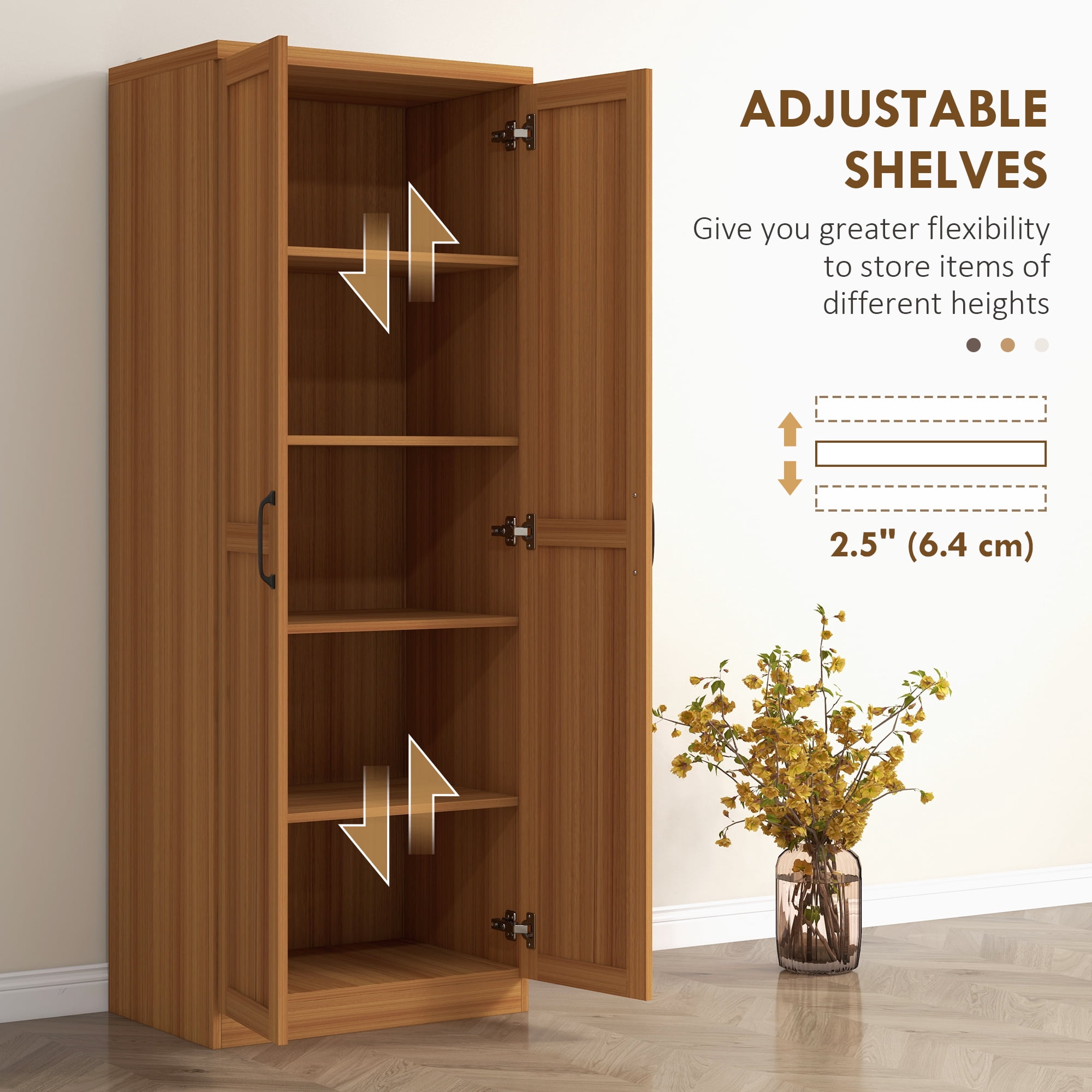HOMCOM Kitchen Pantry, Freestanding 5-tier Storage Cabinet with 2 Adjustable Shelves for Dining Room, Living Room, Teak Wood Grain