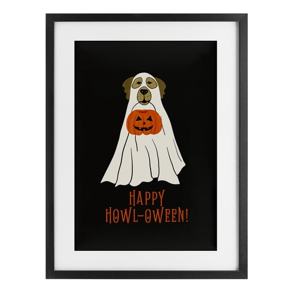 Stupell Industries Eclectic Happy Howl-oween Ghost Dog Black Framed Print Under Glass, 14 x 20, by JJ Design House LLC