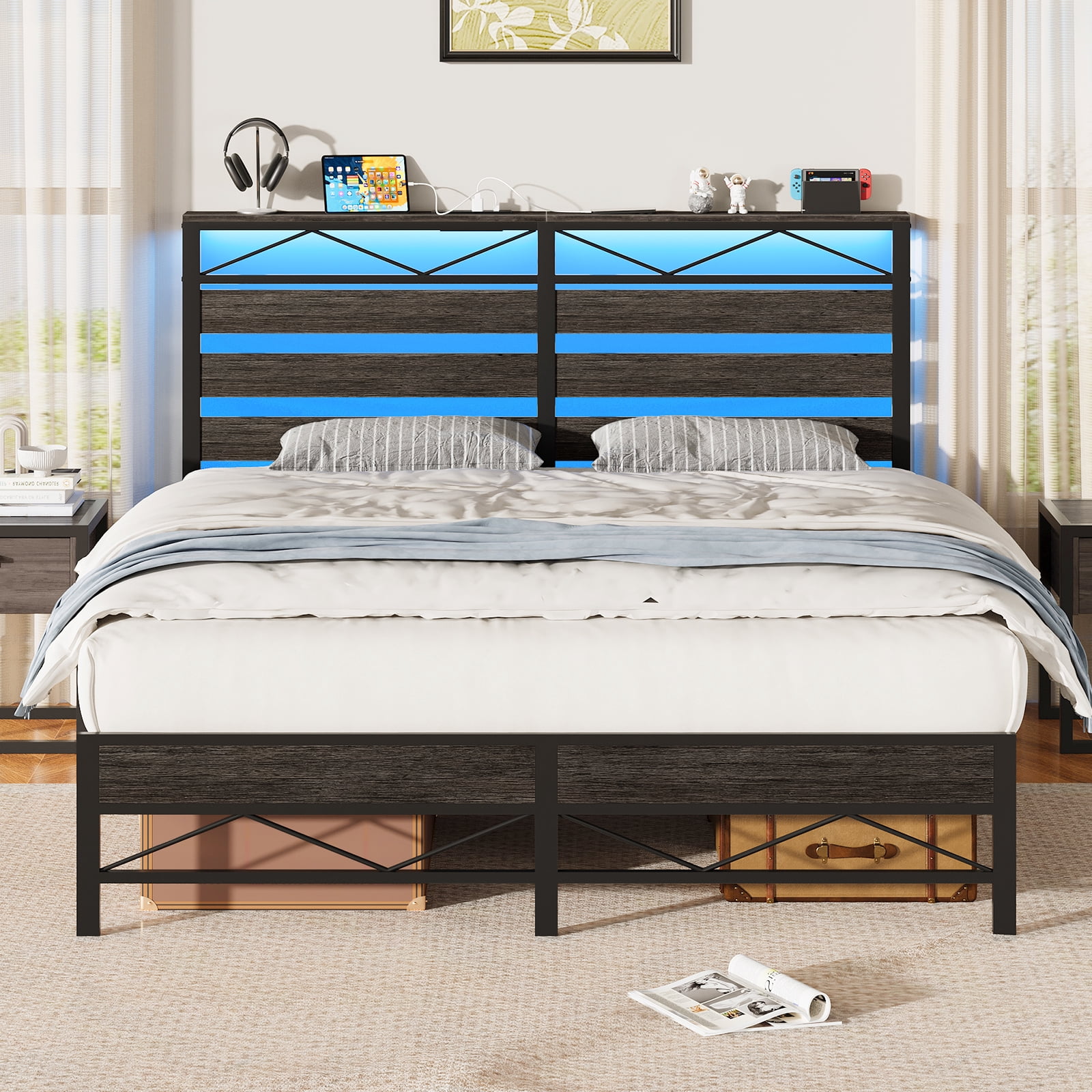 HOOBRO Queen Size Bed Frame with Headboard, LED Bed Frame with Storage Headboard and Charging Station, Bed Frame with 2 Outlets and 2 USB Ports, for Queen Beds, Charcoal Black BC22UDBF01