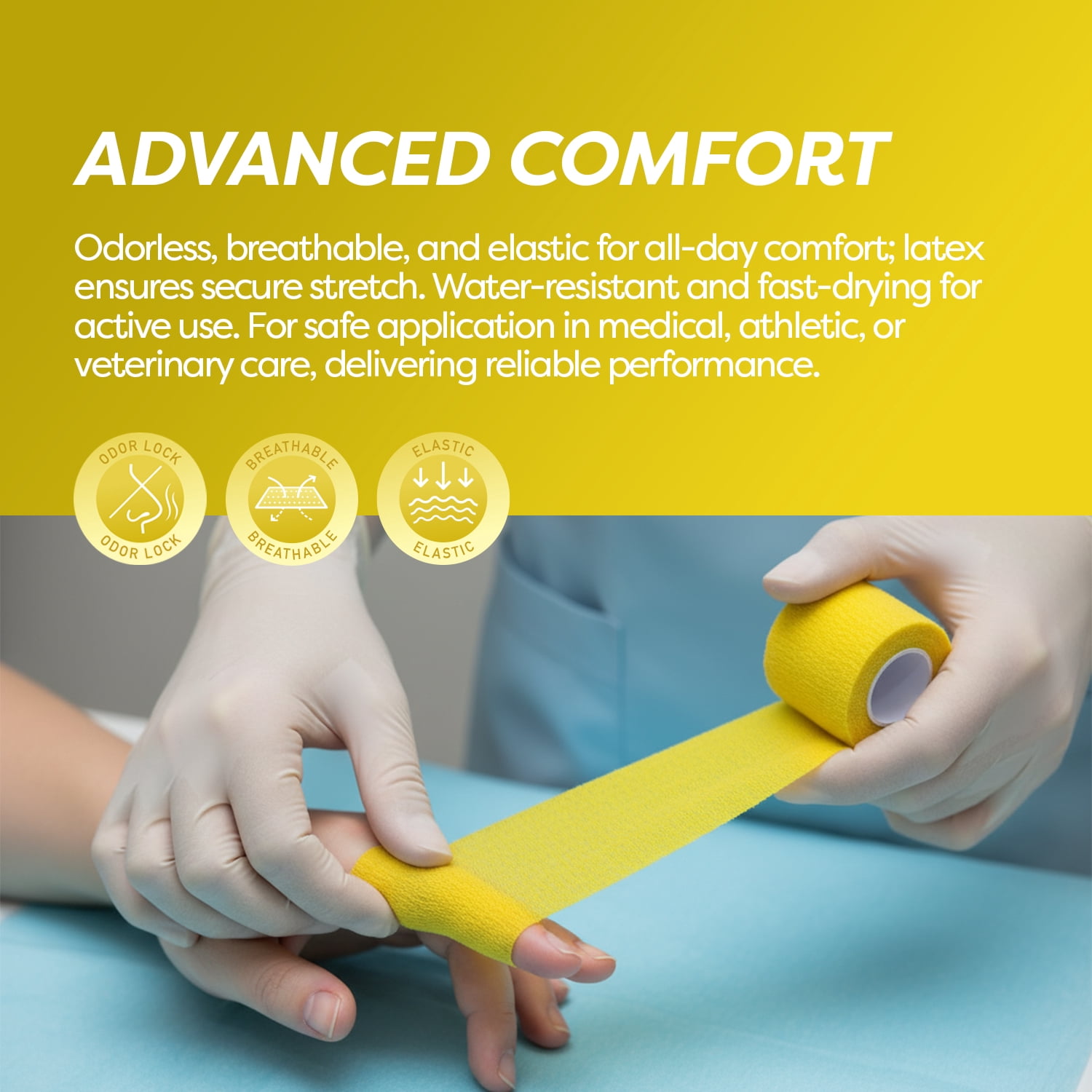 Dynarex Sensi-Wrap Self-Adhesive Bandages, 36-Pack, 2" x 5 yards, Yellow, Latex-Free, Colored Elastic Cohesive Athletic Tape, Tattoo Grip & Vet Wrap