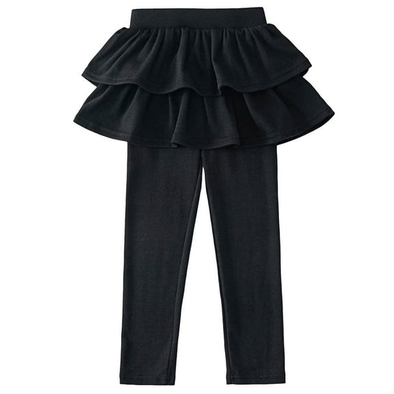 Povozer Little Girls Footless Leggings Pants with Skirt(Black,5-6Y)