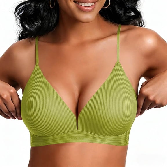 Xdegoge Plunge Push Up Bra for Women Wireless Ribbed Comfort Bralette with Transparent Adjustable Straps Deep V Neck Lifting Bra Flattering Everyday Support Underwear