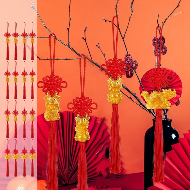 Fiudx Acentos De Decoración Del Hogar Juego De 4 Piezas De Decoraciones De Año Nuevo, Borlas Colgantes Rojas De Dragón, Adornos De Feng Shui, Decoración De Nudo Chino Para Atraer Riqueza, Nudo Chino