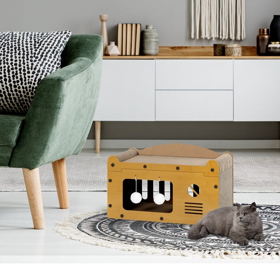 2‑Tier TV‑Style Cat House with Scratching Pad, 21.6" Cat Bed with Hanging Ball Toys for Indoor Cats Up to 22 lbs