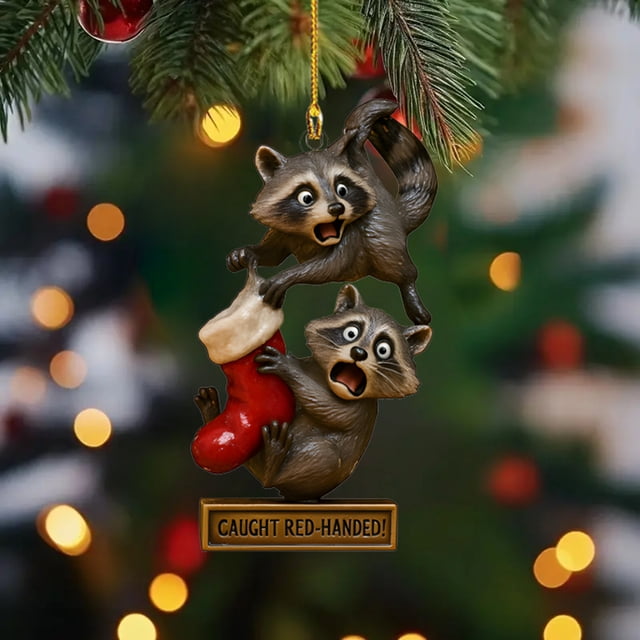 Seyotauo Christmas Raccoon 2D Flat Acrylic Ornament, Playful Festive Christmas Tree Hanging Pendant with Whimsical Design, Unique Decor & Gift for Christmas Enthusiasts