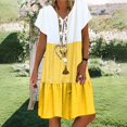 thumbnail image 2 of CHOK Robe Mini Décontractée pour Femme Grande Taille Été Ample Mode Patchwork Col en V à Rayures à Pois Manches Courtes Volant Ourlet à Étages en Lin Robe de Plage Soleil en Liquidation, 2 of 5