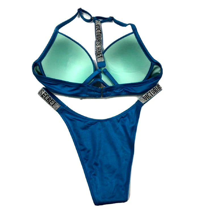 Victoria Secret MALIBU Shine Rhinestone Strap Bikini 2 Piece Swim Set Blue  Size 36B/Medium NWT 