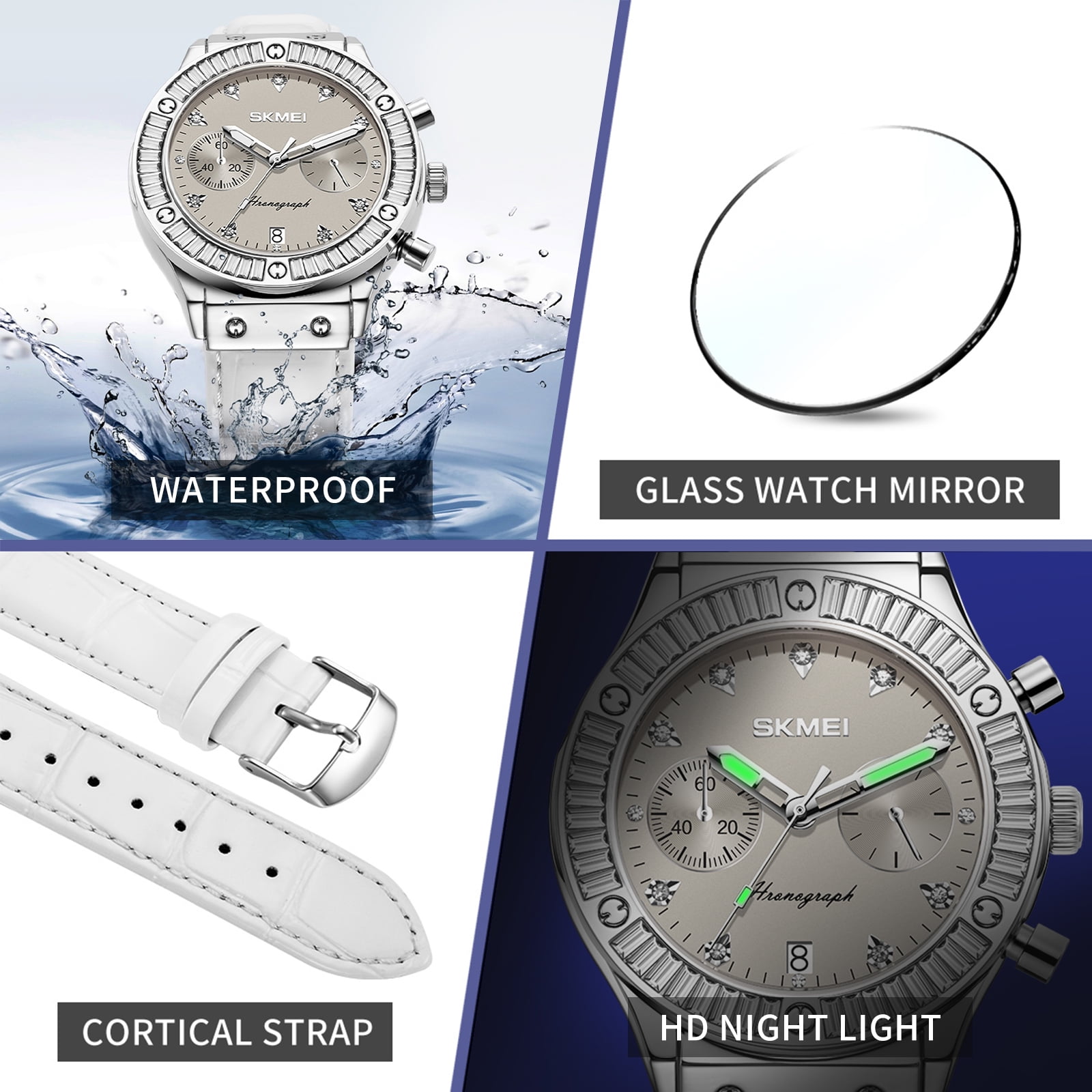 SKMEI Watch for Women Multifunctional Chronograph Watches Fashion Business Analog Quartz Stainless Steel Waterproof Luminous Ladies Wristwatch