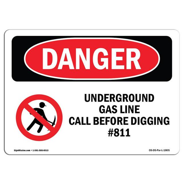 SignMission OS-DS-A-1014-L-1805 10 x 14 Po Signe de Danger OSHA - Ligne de Gaz Souterraine Appeler N° 811