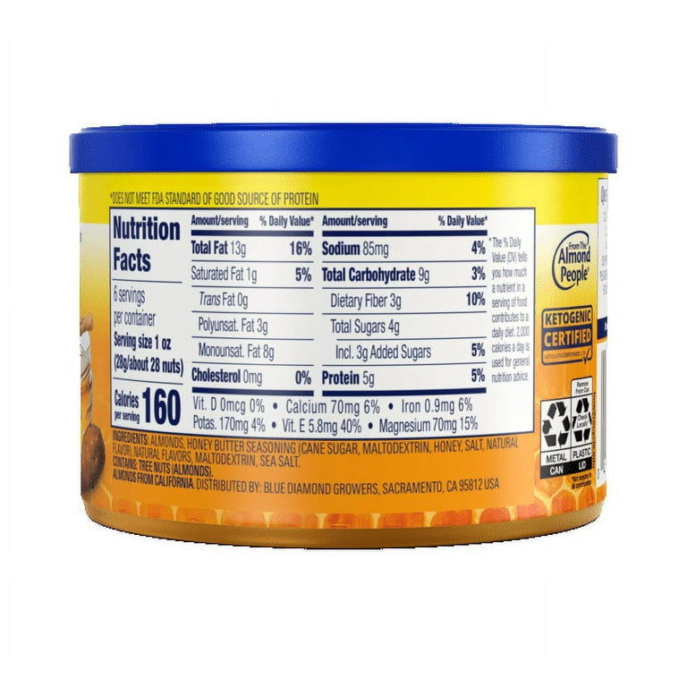 Blue Diamond Almonds, 6 oz. Can, Honey Butter Flavored Snack Nuts