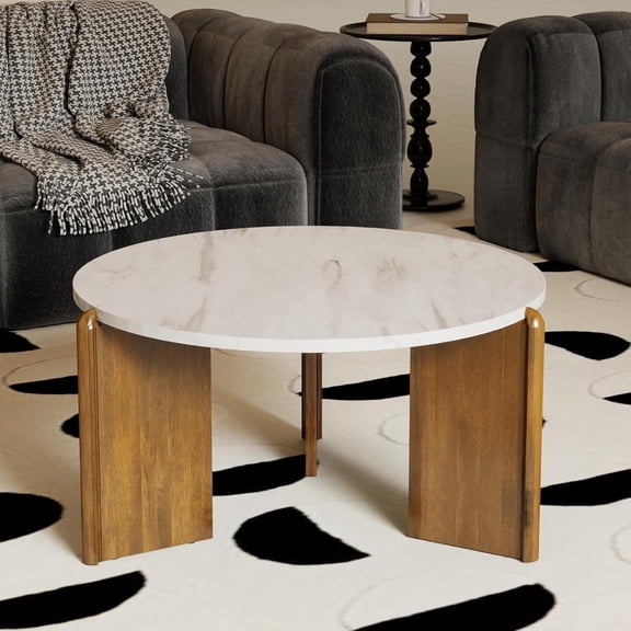 DUOMAY Modern Faux Marble Round Coffee Table, 32'' White Circle Coffee Table Center Cocktail Table for Living Room Apartment, Farmhouse Side Table for Family Office
