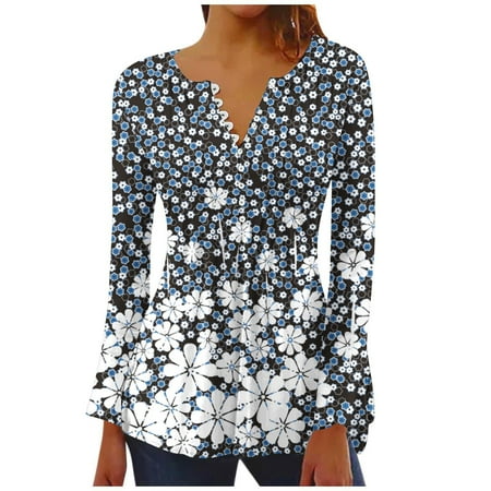 

KIHOUT Ladies Plus Size Tops Women s Casual Trumpet Long Sleeve Printed Buttoned Basic Ruched Corset Tunic Tops Pleated T-shirts Blouses