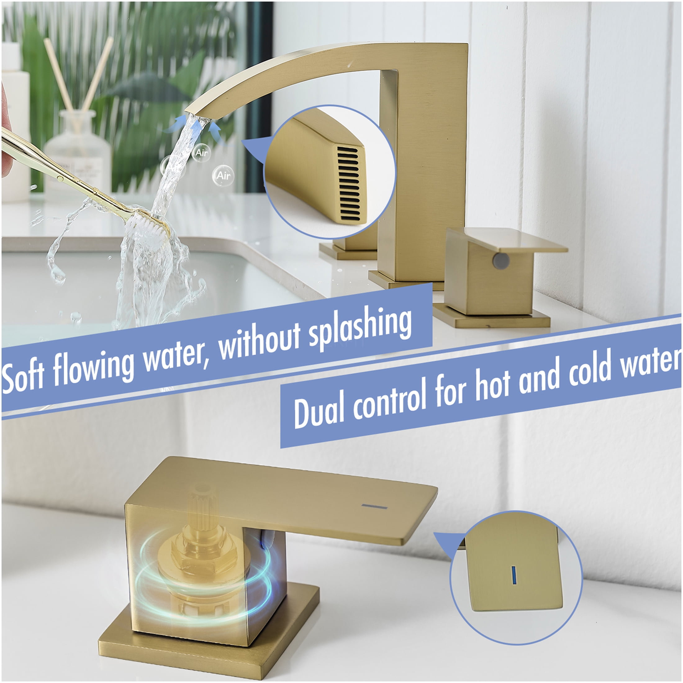 JERFIT 8 inch Widespread Bathroom Sink Faucet, Brushed Gold 3-Hole Vanity Faucet with Double Lever Handles, Stainless Steel Basin Mixer Tap