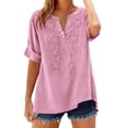 thumbnail image 3 of Lumosvexa Womens Plain T-Shirt for Women Linen Short Shirt Tops V-neck Cotton T Shirt Pink Size 2XL, 3 of 9