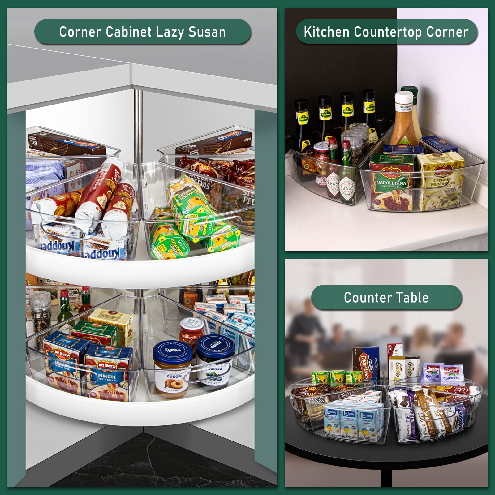 Lazy Susan Cabinet Organizer Bins for 26"/ 28"/ 32" Diameter Corner Organizer, Plastic Cabinet Storage Bin, 1/8 Wedge - Food Safe, BPA Free, with Non-Slip Pads (for 26" Diameter, 4 Pack)