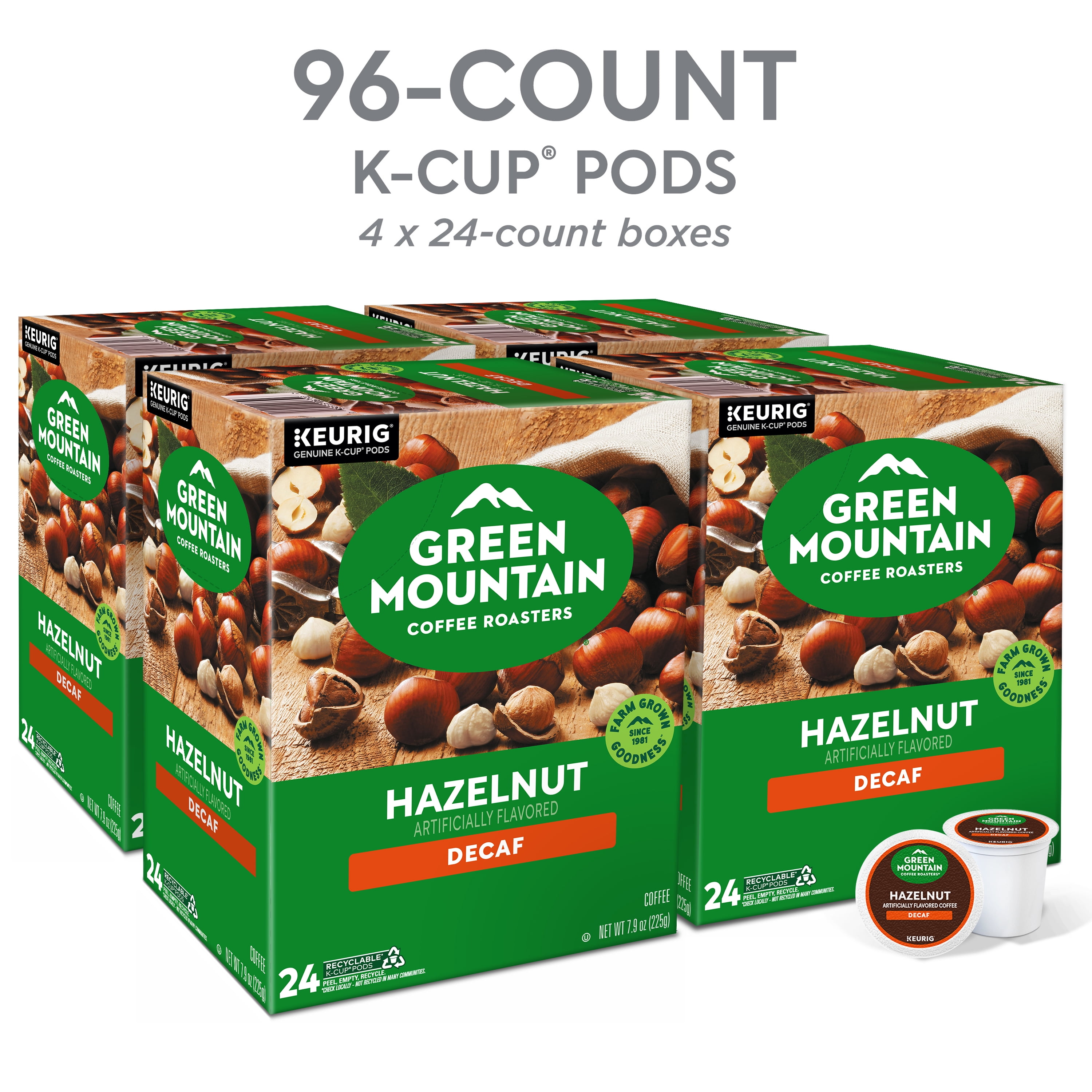 (4 pack) Green Mountain Coffee Roasters Hazelnut Decaf Coffee, Keurig Single-Serve K-Cup pods, Light Roast, 24 Count
