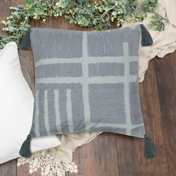 Laddha Home Designs Handwoven Embroidered Abstract Cotton Throw Pillow - 20" - Gray and Olive Green