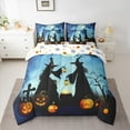 thumbnail image 2 of jejeloiu Happy Halloween Bedding Comforter Set 7pcs,Funny Witch Pumpkin Queen Bedding Sets,Orange Black Blue Queen Sheet Sets,Luxury Bedroom Decor Reversible, 2 of 8