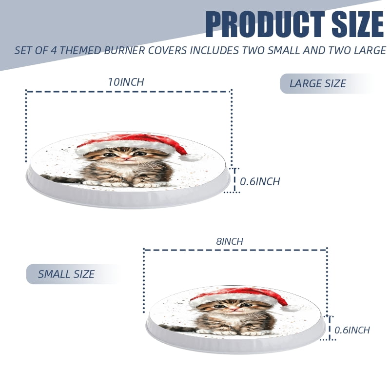 Christmas Burner Covers for Electric Stove, Christmas Cute Cat in Santa Hat Round Xmas Decorative Metal Stove Burner Cover Kits Set of 4 for Kitchen, 8 Inches and 10 Inches