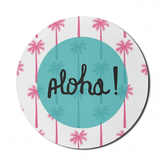 Aloha Mouse Pad for Computers, Vertical Repetitive Palm Tree Silhouettes and a Circle with Text, Round Non-Slip Thick Rubber Modern Gaming Mousepad, 8" Round, Pink Turquoise, by Ambesonne
