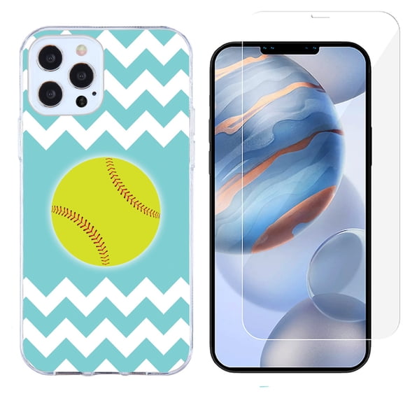 Slim-Fit Protective Phone Case compatible with iPhone 12 Pro Max, with Tempered Glass Screen Protector, by OneToughShield ® - Chevron/Teal/Softball