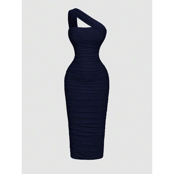Navy Blue Ruched One Shoulder Bodycon Midi Dress, Elegant Evening Dress For Women