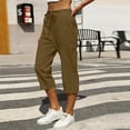 thumbnail image 2 of Yeaiivve Cotton Linen Capri Pants Women Solid Color Straight Leg Capris Drawstring Elastic Waist Summer Casual Cropped Pant with Pockets Coffee,L, 2 of 7