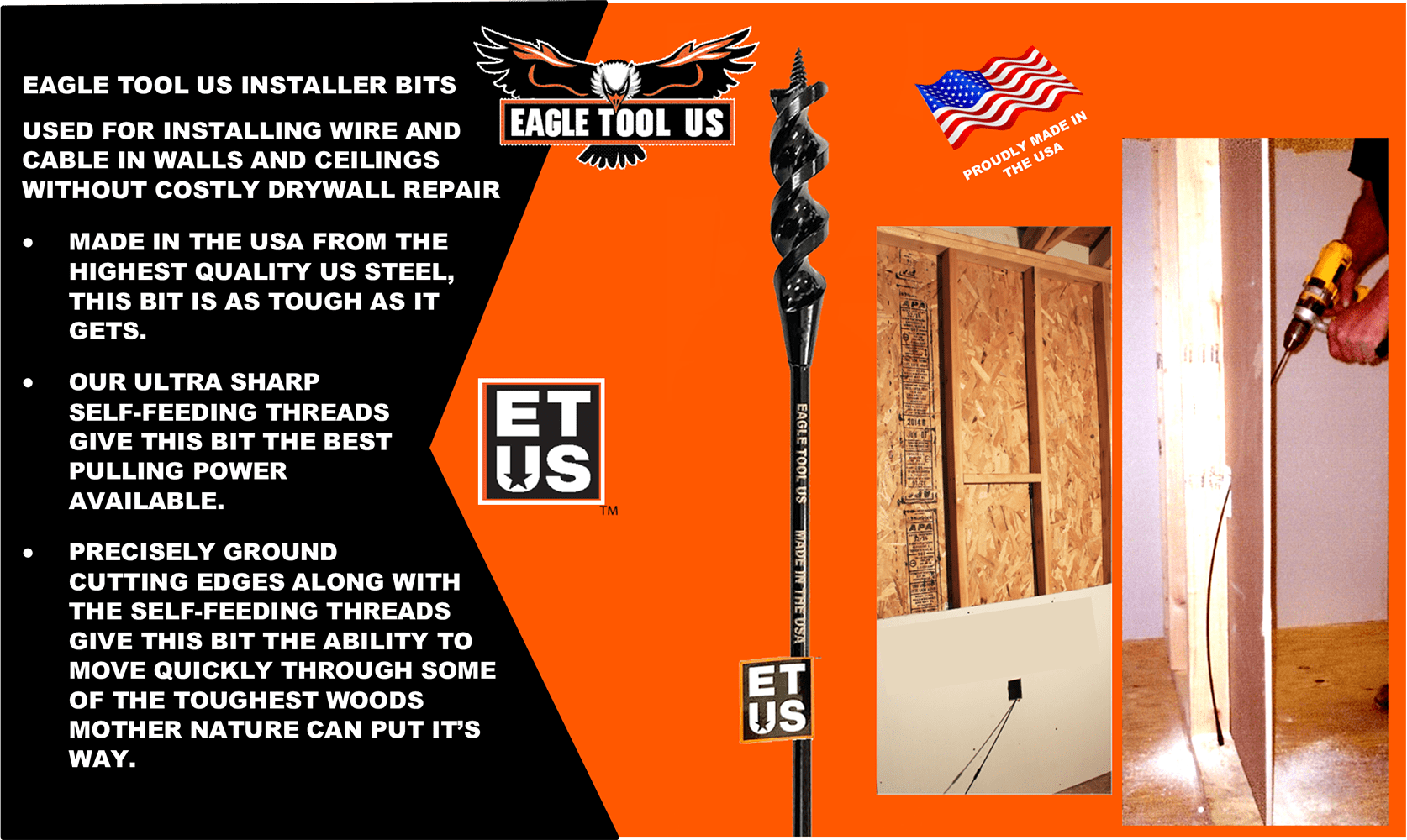 Eagle Tool US EA75072 Flex Shank Installer Drill Bit, Auger Style, 3/4-Inch by 72-Inch, 1/4-Inch Shank, Made in The USA