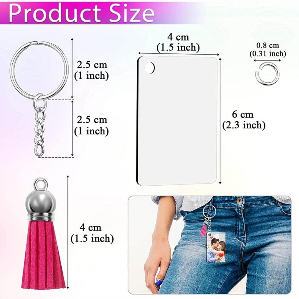 SOFPLATE Lot De 120 Porte-Clés En Acrylique Vierges Sublimation 2 Pouces - Kit Complet Avec Pompons