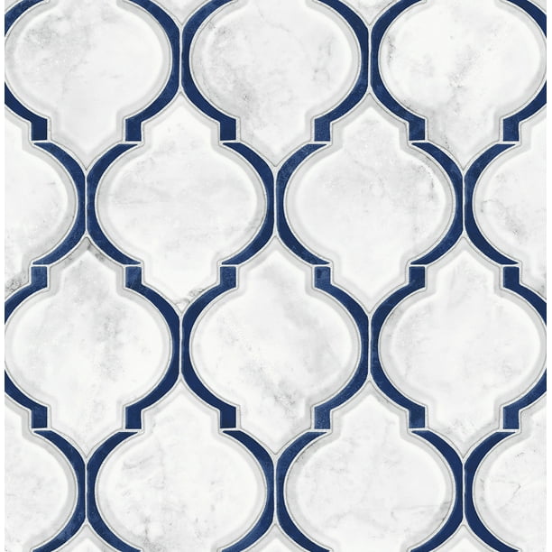 NextWall Marbled Ogee Peel and Stick Wallpaper Royal Blue & Carrara