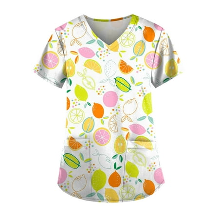

TKing Fashion Women Plus Size Scrubs Top V-Neck Short Sleeve Printed Pockets Work Blouse for Women Yellow L