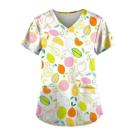 

TKing Fashion Women Plus Size Scrubs Top V-Neck Short Sleeve Printed Pockets Work Blouse for Women Yellow L