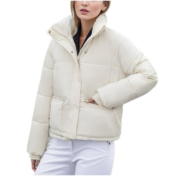 ABATAB Women's Stand Collar Quilted Puffer Jackets Lightweight Winter Warm Button down Coat Outerwear with Zipper Pockets(X-Large,White)