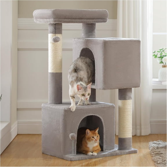 XL Cat Tree 44" Cat Tower for Large Cats 20 lbs, 2 Spacious Caves | Multi-Level Cat Tree with Scratching Posts, Soft Padded Perch, 2 Dangling Toys